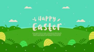 Happy Easter on horizontal background with beautiful meadow and colorful eggs. Easter template background vector