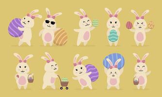 Cute and adorable Easter bunny flat illustration collection set on yellow background with flat design vector