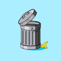 Trash Can with Open Lid and Banana Peel Illustration Cartoon Design vector