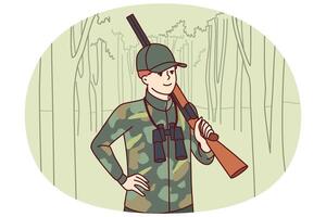 Man hunter with double-barreled gun stands in forest with binoculars to track down wild animal vector