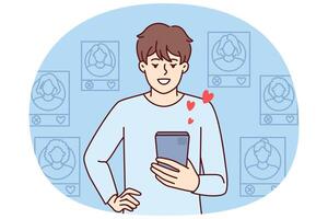 Man uses dating applications on mobile phone and looks through profiles of women likes vector