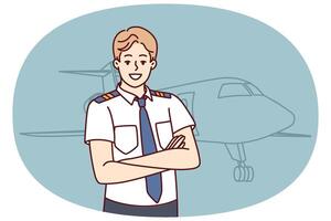 Man pilot of airplane stands with arms crossed near airliner inviting to buy new airline ticket vector