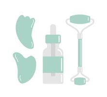 Set bundle of stone massage roller gua sha and oil bottle isolated on white background vector
