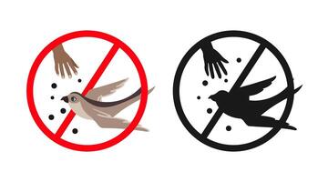 Prohibition sign with hand dropping food and a bird trying to eat representing a warning not to feed birds, in color and black and white versions vector