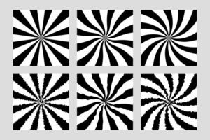 Six square backgrounds with black and white hypnotic swirling patterns are radiating from the center, optical illusion and a vintage, retro vibe vector