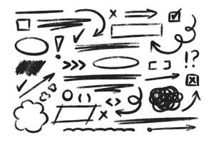 Sketchy crayon hand drawn highlight elements - circles, underlines, arrows, checkmarks and crosses vector