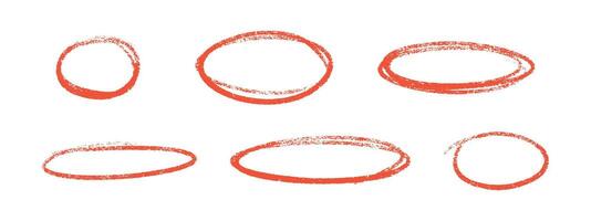Crayon highlight chalk oval set in red color on white background. vector