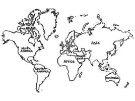 Sketch of a world map with the division of continents in a doodle style, with irregular lines and freehand strokes. vector