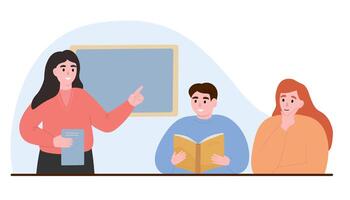 The teacher explains the lesson on the background of the board. Students listen, learn. flat graphics. vector