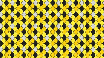 Vibrant geometric pattern featuring overlapping scales in yellow, black, and silver. Ideal for backgrounds, textiles, or modern design projects. vector