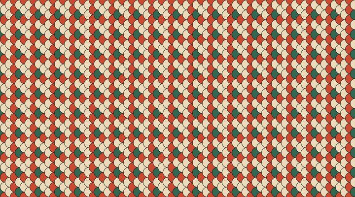 Abstract geometric seamless pattern. Red, green, and cream scales create a visually engaging texture perfect for backgrounds, textiles, and website design.