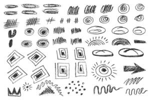 Charcoal pencil hand drawing curly groovy shape, splash and squiggles. White chalk elements on black chalkboard Grunge chalk crayon scribbles doodles texture Rough crayon stroke illustration vector