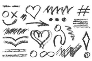 Charcoal pencil hand drawing curly groovy shapes, splash and squiggles. White chalk elements on black chalkboard Grunge chalk crayon scribbles doodles texture Rough crayon stroke illustration. vector