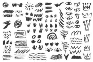Charcoal pencil hand drawing curly groovy shapes, splash and squiggles White chalk elements on black chalkboard Grunge chalk crayon scribbles doodles texture Rough crayon stroke illustration vector