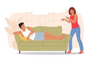 Family quarrel between wife screaming at lazy husband sitting on couch and refusing to go to work vector