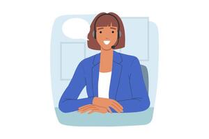 Woman call center operator smiles while sitting at office desk, using headset to consult clients vector