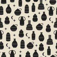 Trendy pattern with vases. Ceramic antique vases in boho style. Historical ceramic tableware. Trendy pattern for social networks and web design in vintage boho style. Flat style pattern. vector