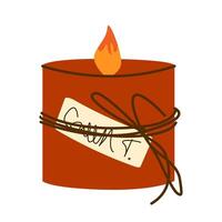 Cozy autumn candle with a warm flame. A brown jar candle wrapped with a rustic twine bow and a handwritten tag. vector