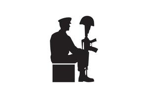 A silhouette of a soldier holding a gun and helmet vector