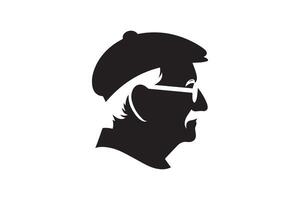 A black and white silhouette of a man with glasses and a hat vector