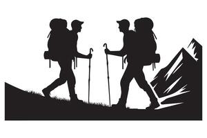 Two hikers with backpacks and trek poles are silhouetted vector