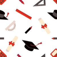 Class of graduation 2025 seamless pattern with caps, diploma and school supplies. Perfect design for college, high school, university. Hand drawn illustration. vector