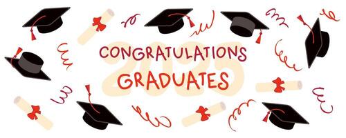 Graduation caps and diploma rolled scroll congratulations graduates 2025 banner. Perfect design for college, high school, university. vector
