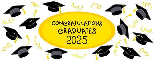 Class of graduation 2025 banner with confetti, ribbon, serpentine and caps. Perfect design for college, high school, university. Hand drawn illustration. vector