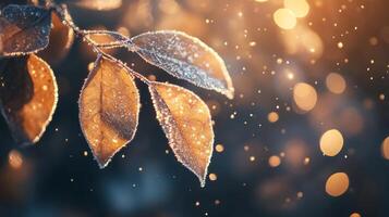 Golden Autumn Leaves with Frost, Sparkling Winter Background icy cold dark blue macro light bokeh photo