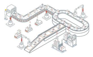Smart logistics integrates automation, skilled labor, AGV, AMR and wireless transport, using Industry 4.0 technologies to optimize material handling and supply chain operations. vector