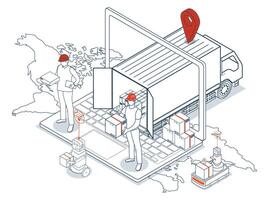 Logistics and Delivery services concept with Truck transport product boxes from suppliers to buyers, streamlined by instant Laptop ordering for quick and efficient delivery. vector