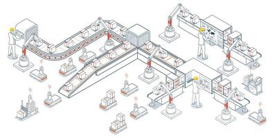 Automated Warehouse and Transport Operations using AGVs Automated Guided Vehicles and AMRs vector
