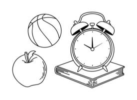 Activity items including a basketball, alarm clock, apple, and book on a simple background representing daily routines vector