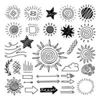 Artistic collection of doodles featuring suns, stars, arrows, and swirls in a playful black and white design vector