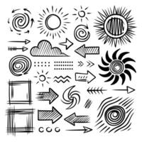 A collection of black and white sketch style doodle elements, including suns, arrows, lines, symbols and various other decorative shapes. vector