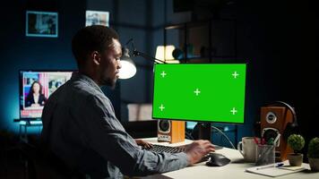 Trading engineer looks at e commerce diagrams and isolated copy space display, working from home to increase profit and obtain funding from shareholders. Expert evaluates statistics. Camera A. video