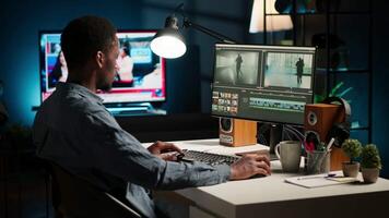 maker editing montage clips on coloring software at home, working on color correction and motion graphics to edit footage. Content creator editing clips on toolbar panels. Camera B. video