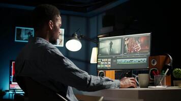 maker editing montage clips on coloring software at home, working on color correction and motion graphics to edit footage. Content creator editing clips on toolbar panels. Camera A. video