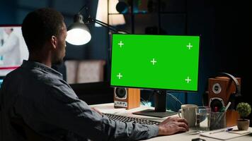 Trading engineer looks at e commerce diagrams and isolated copy space display, working from home to increase profit and obtain funding from shareholders. Expert evaluates statistics. Camera B. video