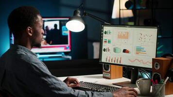 Research specialist reviewing financial elements and expenses to create strategic report for revenue growth. African american financier examines capital funds balance, remote work. Camera A. video