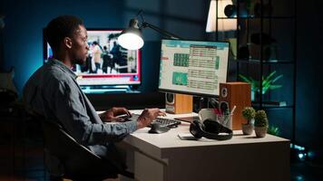 Operating from home setup, male freelancer evaluating monetary data and searching international capital funds sources to help expand the business. Fiscal analyst validates budget balance. Camera A. video
