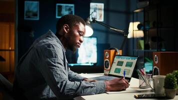 se stesso occupato nero uomo multitasking a casa assunzione manoscritto Appunti e navigazione il ragnatela per progetto ricerca. gestione programma e compiti con un' progettista per Incremento produttività. telecamera un. video