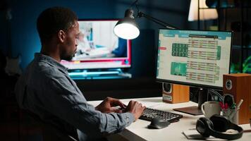 African american investment expert working from home analyzing financial statistics, developing a global investment solution for growth. Economy advisor examines declared revenue. Camera A. video