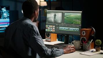 maker producing montage with artistic software for color adjustment, special effects in movie editing. Digital media illustrator developing transitions for cinematic production. Camera B. video