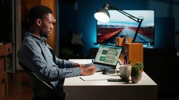 oberoende frilansare skapar en posta den påminnelse och recensioner projekt data, håller på med handskriven anteckningar och placering klibbig anteckningar till kom ihåg hans avlägsen uppgifter. forska artiklar. kamera b. video