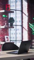 Vertical Stylish empty desk in a high end loft apartment workspace, modern interior blends glass and neutral tones for a refined atmosphere with upscale design elements and timeless elegance. video