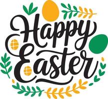 happy easter lettering with eggs and leaves vector
