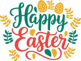 happy easter day lettering with eggs and leaves vector