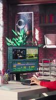 Vertical Focused editor woman works on montage in a creative software at home, digital media. Filmmaker using dual monitors to edit footage and create content, post production. Camera B. video