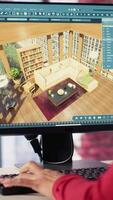 Vertical Female employee creates 3D render of an apartment interior using blueprints and architectural software. Employs computer aided tools and models to allow customization of flooring. Camera A. video
